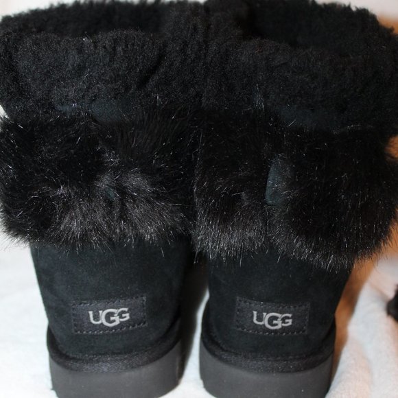 UGG EMMIE FLUFF BOW MINI SUEDE BOOTS BLACK 8 11 - Picture 5 of 6